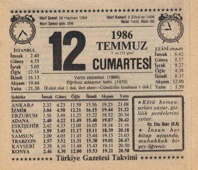 12 Temmuz 1986 Takvim Yaprağı EFM(N)1974 - 2