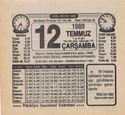 12 Temmuz 1989 Takvim Yaprağı EFM(N)1976 - 3