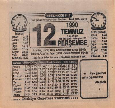 12 Temmuz 1990 Takvim Yaprağı EFM(N)1977 - 3