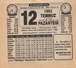 12 Temmuz 1993 Takvim Yaprağı EFM(N)1978 - 3