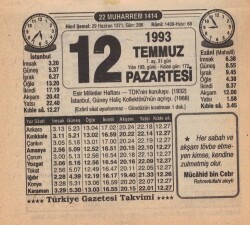 12 Temmuz 1993 Takvim Yaprağı EFM(N)1978 - 2