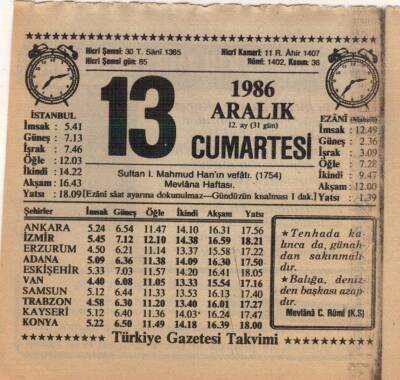 13 Aralık 1986 Takvim Yaprağı EFM(N)4325 - 3