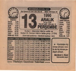 13 Aralık 1990 Takvim Yaprağı EFM(N)4141 - 2