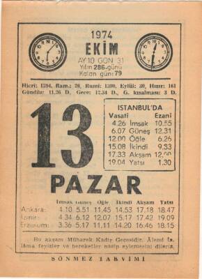 13 Ekim 1974 Takvim Yaprağı EFM(N)2983 - 3