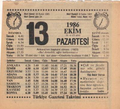 13 Ekim 1986 Takvim Yaprağı EFM(N)3076 - 3