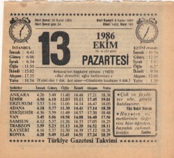 13 Ekim 1986 Takvim Yaprağı EFM(N)3076 - 2