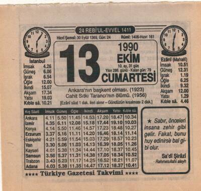 13 Ekim 1990 Takvim Yaprağı EFM(N)3138 - 3