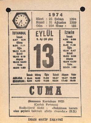 13 Eylül 1974 Takvim Yaprağı - Doğum Günü Hediyesi EFM(N)12342 - 1