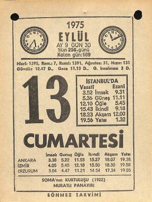 13 Eylül 1975 Takvim Yaprağı - Doğum Günü Hediyesi EFM(N)12533 - 1