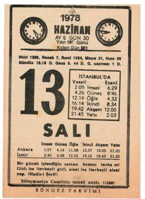 13 Haziran 1978 Takvim Yaprağı EFM(N)1116 - 4