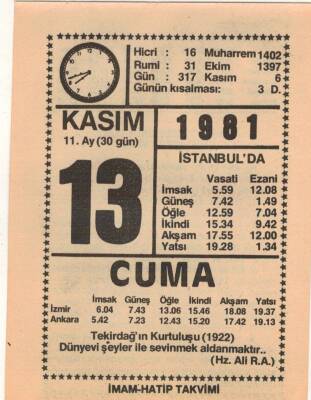 13 Kasım 1981 Takvim Yaprağı EFM(N)4265 - 3