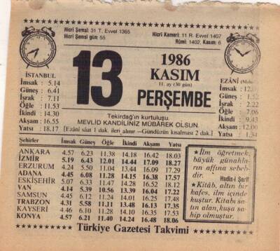 13 Kasım 1986 Takvim Yaprağı EFM(N)3413 - 3