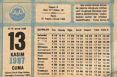 13 KASIM 1987 Takvim Yaprağı - Doğum Günü Hediyesi EFM(N)10898 - 1