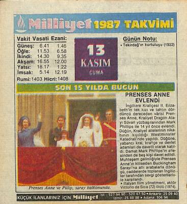 13 Kasım 1987 Takvim Yaprağı - Doğum Günü Hediyesi EFM(N)11932 - 1