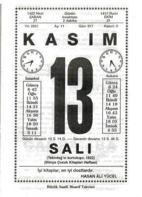 13 Kasım 2001 Takvim Yaprağı Doğum Günü Hediyesi EFM(N)4003 - 3