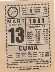 13 Mart 1981 Takvim Yaprağı EFM(N)6015 - 2