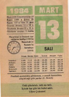 13 Mart 1984 Takvim Yaprağı EFM(N)6076 - 3