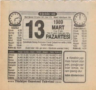 13 Mart 1989 Takvim Yaprağı EFM(N)5861 - 2