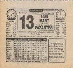 13 Mart 1989 Takvim Yaprağı EFM(N)5861 - 1