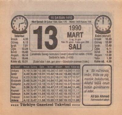 13 Mart 1990 Takvim Yaprağı EFM(N)5985 - 3