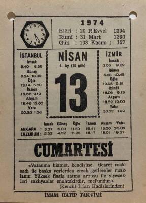 13 Nisan 1974 Takvim Yaprağı - Doğum Günü Hediyesi EFM(N)8170 - 2