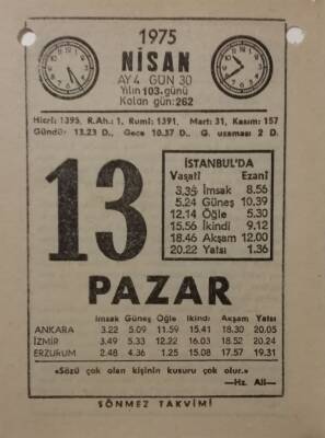 13 Nisan 1975 Takvim Yaprağı - Doğum Günü Hediyesi EFM(N)8140 - 2