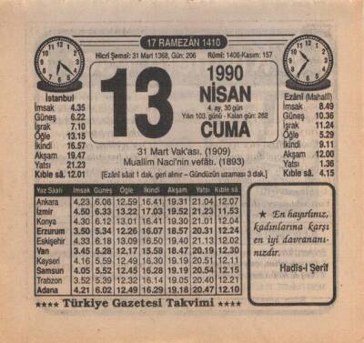 13 Nisan 1990 Takvim Yaprağı EFM(N)6166 - 1