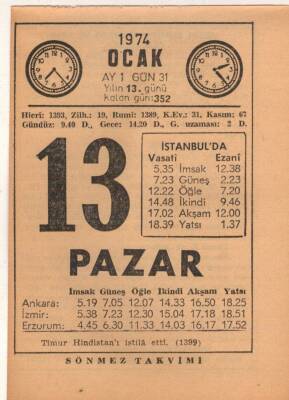 13 Ocak 1974 Takvim Yaprağı EFM(N)4876 - 1