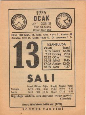 13 Ocak 1976 Takvim Yaprağı EFM(N)4814 - 1