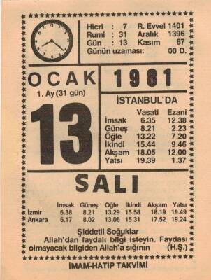 13 Ocak 1981 Takvim Yaprağı EFM(N)4659 - 1