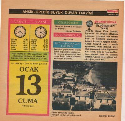 13 Ocak 1984 Takvim Yaprağı EFM(N)4628 - 1