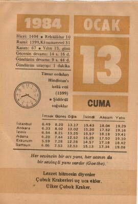 13 Ocak 1984 Takvim Yaprağı EFM(N)4752 - 1