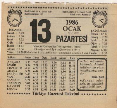 13 Ocak 1986 Takvim Yaprağı EFM(N)5031 - 1