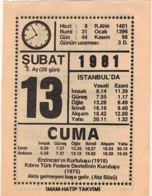 13 Şubat 1981 Takvim Yaprağı EFM(N)5421 - 1