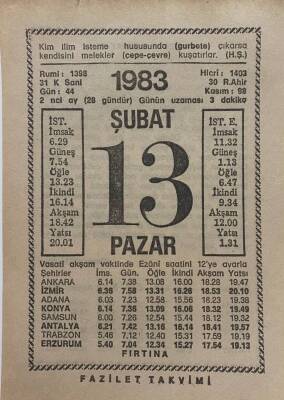 13 Şubat 1983 Takvim Yaprağı - Doğum Günü Hediyesi EFM(N)7810 - 1