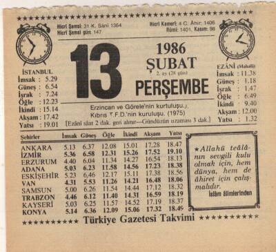 13 Şubat 1986 Takvim Yaprağı EFM(N)5224 - 1