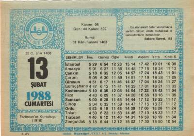 13 Şubat 1988 Takvim Yaprağı EFM(N)5503 - 1