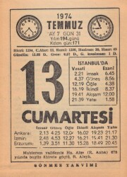 13 Temmuz 1974 Takvim Yaprağı EFM(N)1982 - 2