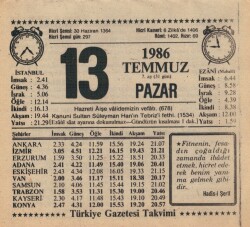 13 Temmuz 1986 Takvim Yaprağı EFM(N)1986 - 3