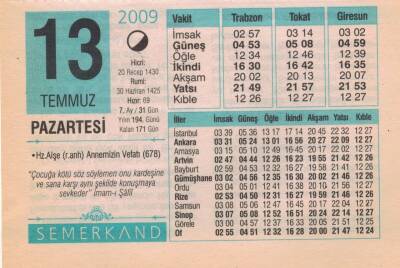 13 Temmuz 2009 Takvim Yaprağı EFM(N)1993 - 1