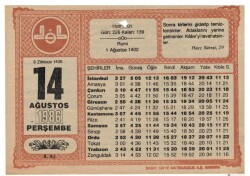 14 Ağustos 1986 Takvim Yaprağı EFM1069 - 2