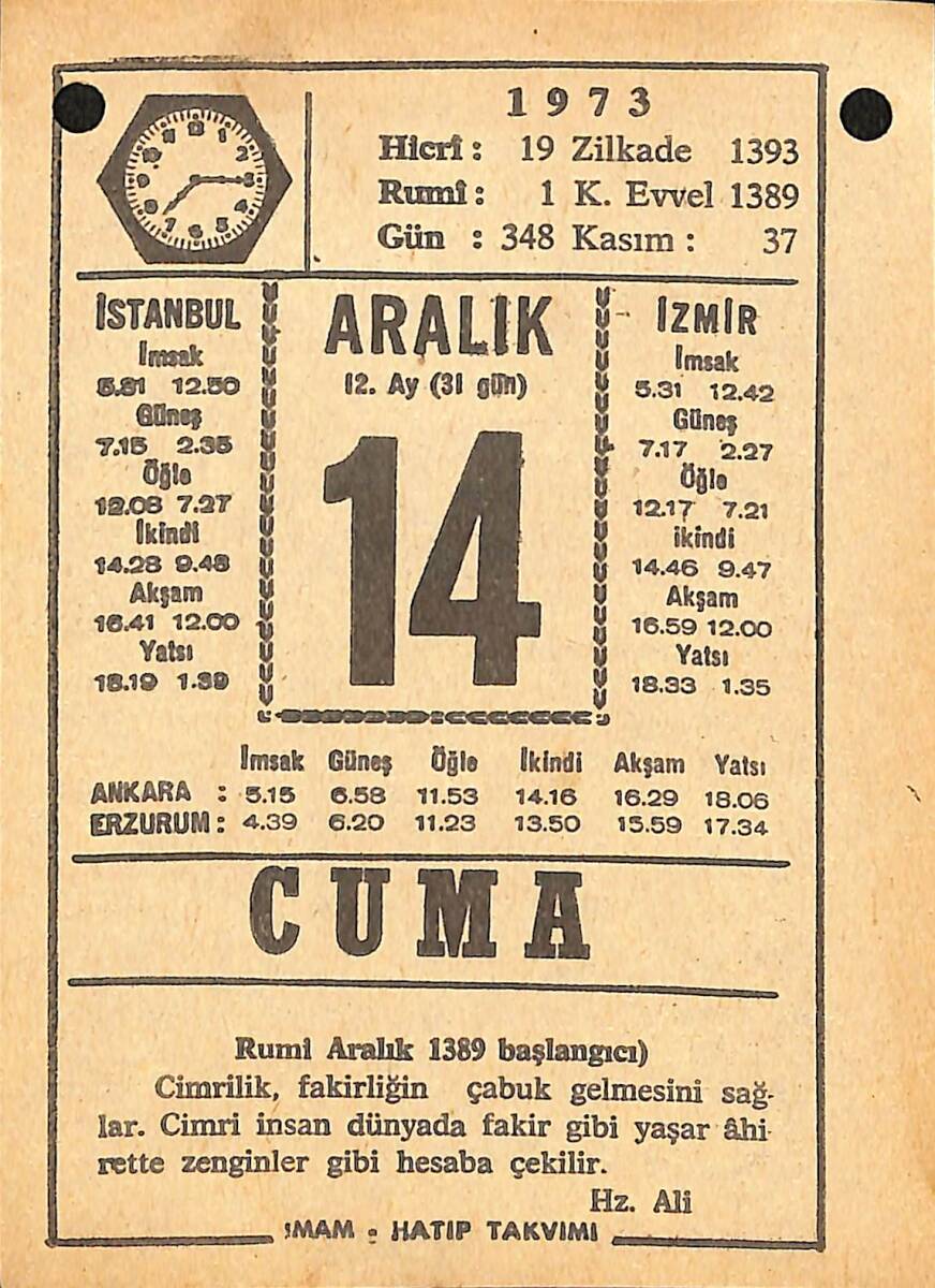 14 Aralık 1973 Takvim Yaprağı - Doğum Günü Hediyesi EFMN13673 - 1