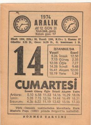 14 Aralık 1974 Takvim Yaprağı EFM(N)4296 - 3