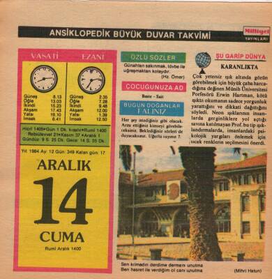 14 Aralık 1984 Takvim Yaprağı EFM(N)4080 - 3