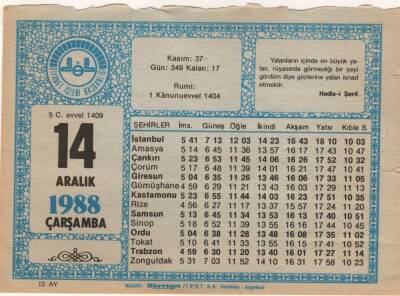 14 Aralık 1988 Takvim Yaprağı EFM(N)4480 - 3