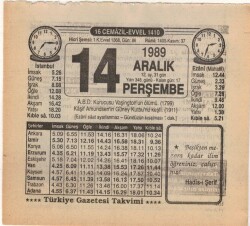 14 Aralık 1989 Takvim Yaprağı EFM(N)4204 - 3