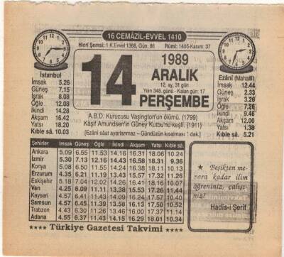 14 Aralık 1989 Takvim Yaprağı EFM(N)4204 - 3