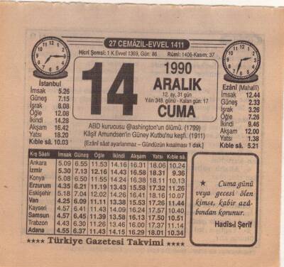 14 Aralık 1990 Takvim Yaprağı EFM(N)4142 - 1