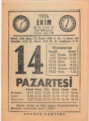 14 Ekim 1974 Takvim Yaprağı EFM(N)2984 - 3