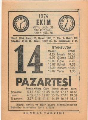 14 Ekim 1974 Takvim Yaprağı EFM(N)2984 - 1